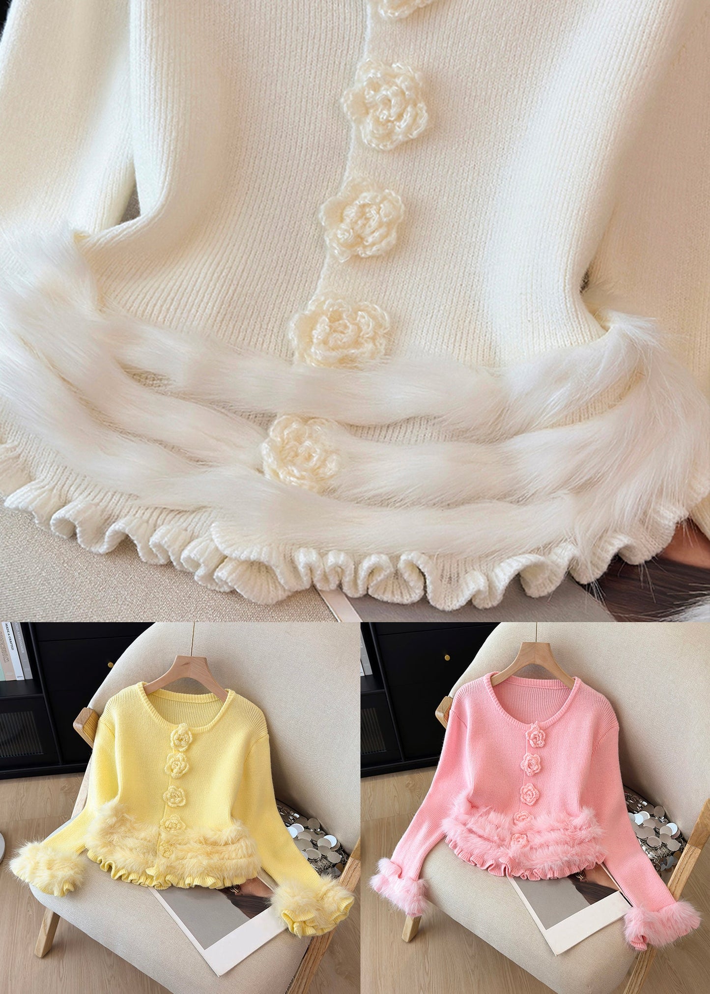 White Ruffled Cozy Patchwork Knit Sweater Tops