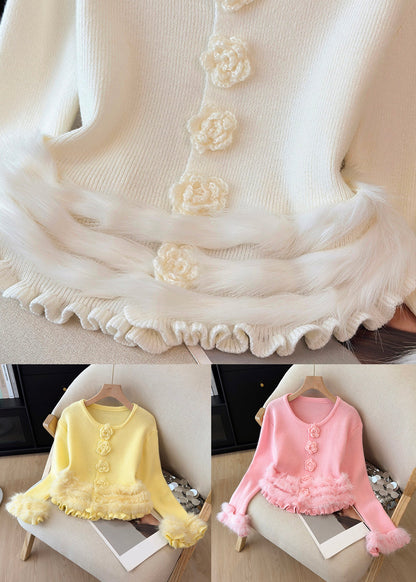 Yellow O Neck Fluffy Patchwork Knit Sweater Winter