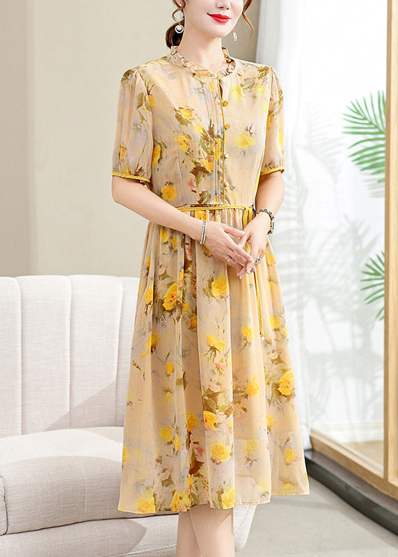 Yellow Ruffled Print Lace Up Chiffon Dresses Summer