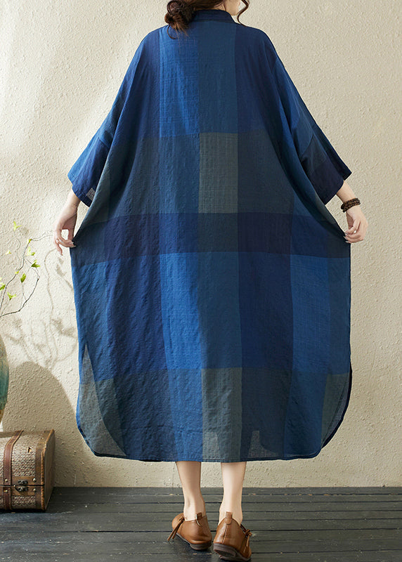 Loose Dark Blue Stand Collar Plaid Side Open Long Dresses Bracelet Sleeve