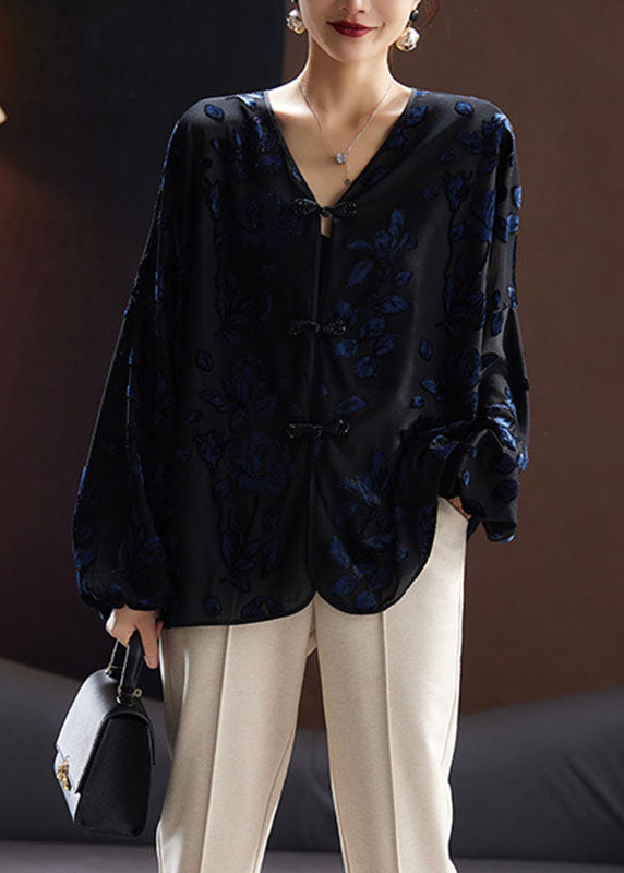 Black V Neck Embroideried Velour Shirt Fall