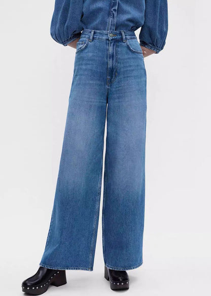 Denim Blue Button Shirts and Pants Two Pieces Set Half Sleeve