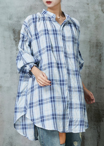 Blue Oversized Plaid Cotton Blouses Lantern Sleeve