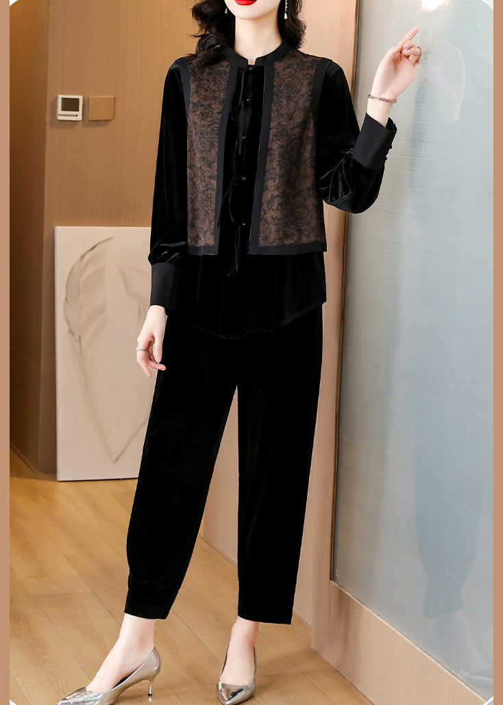 Black O-neck Print Silk Velour Shirts and Harem Pants Two Pieces Set Fall