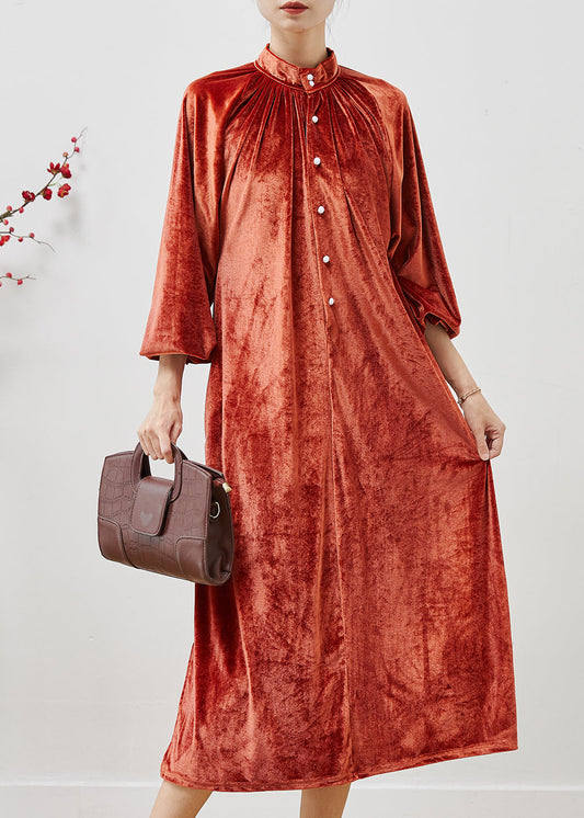 French Orange Stand Collar Silk Velour Long Dresses Fall