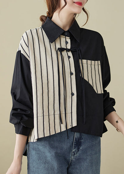 Colorblock Striped Tasseled Patchwork Cotton Shirt Top Fall