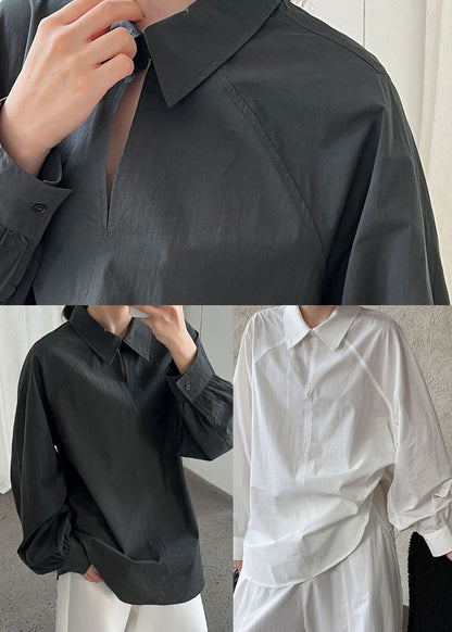 Dull Grey Cotton Loose Shirts Peter Pan Collar Spring