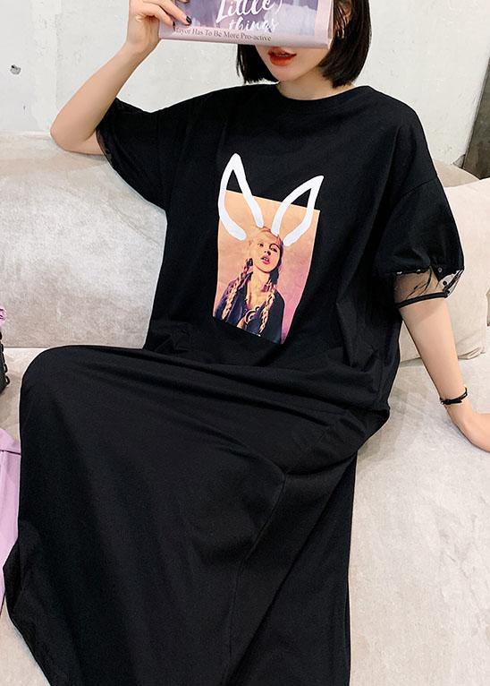 Unique Black O-neck Puff Sleeve Summer Character Long Dress