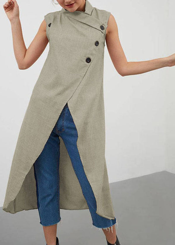 Khaki Cotton Top Asymmetrical Stand Collar Button Sleeveless