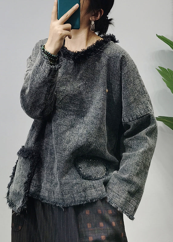 Unique Red O-neck Patchwork Linen Pullover Long Sleeve