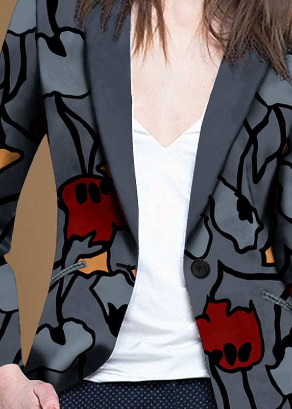 Modern Grey Button Peter Pan Collar Print Western-style Clothes Coat Long Sleeve
