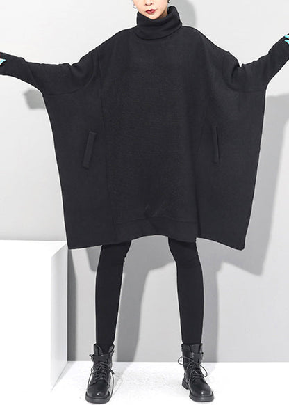 Black Turtleneck Knit Mid Dresses Batwing Sleeve Fall