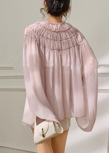Pink Ruffled Wrinkled Chiffon Tops Batwing Sleeve