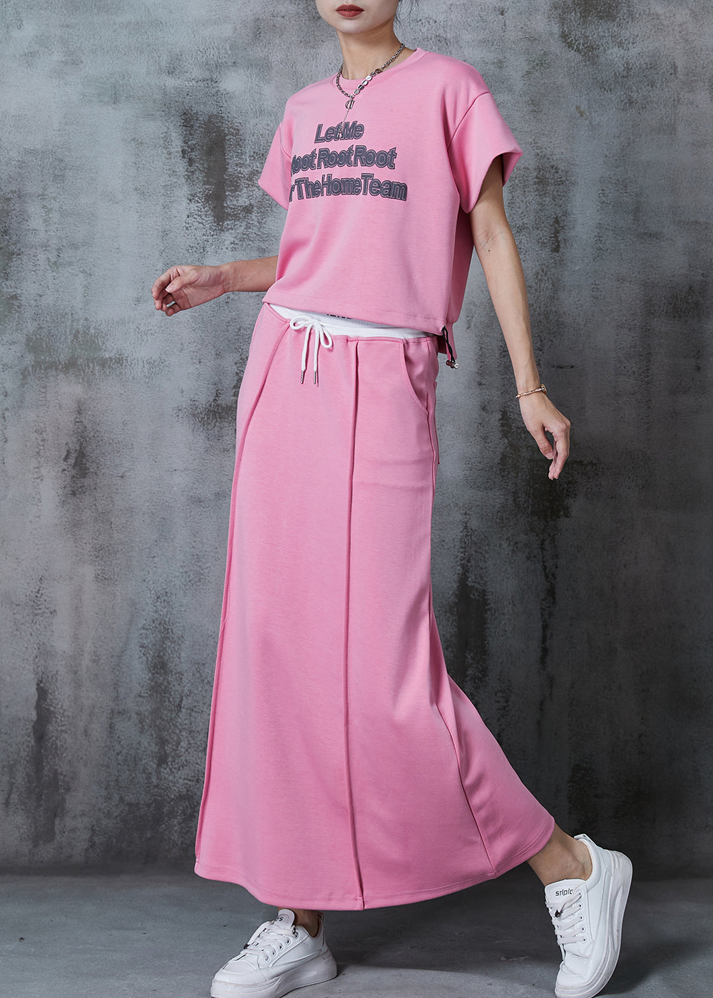 Pink Letter Print Cotton Two Piece Set Outfits Summer