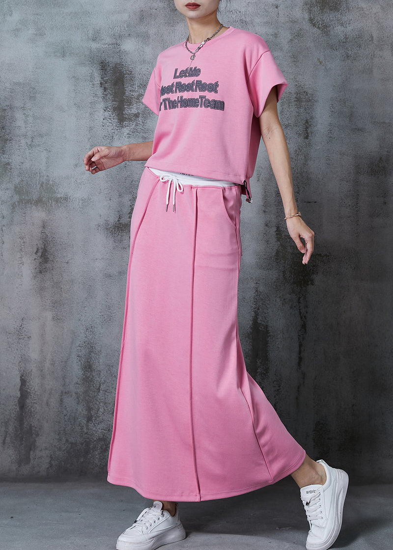Pink Letter Print Cotton Two Piece Set Outfits Summer