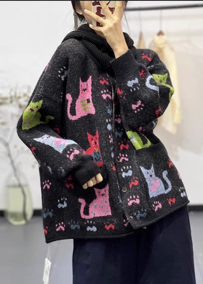 Black Oversized Print Denim Knit Jackets Spring