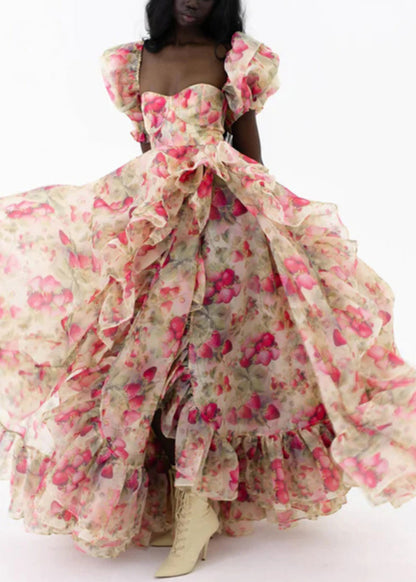 Print Ruffled High Waist Chiffon Maxi Dresses Puff Sleeve