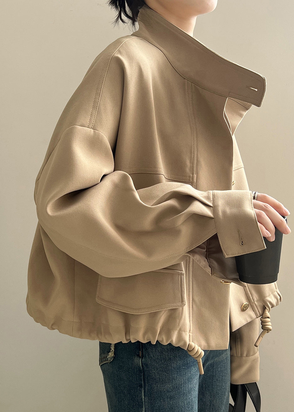 Khaki Stand Collar Drawstring Cotton Coat Outwear Fall