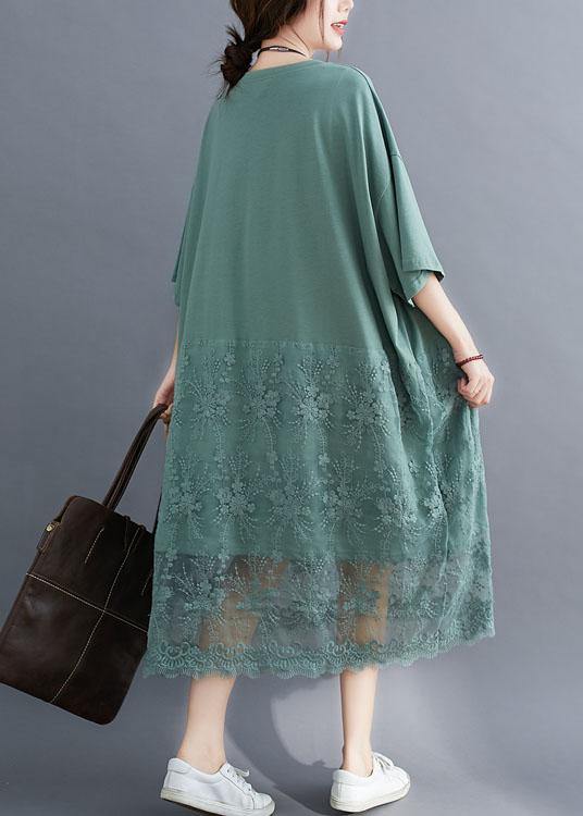 Natural Green O-neck Graphic Summer Long Dresses Half Sleeve