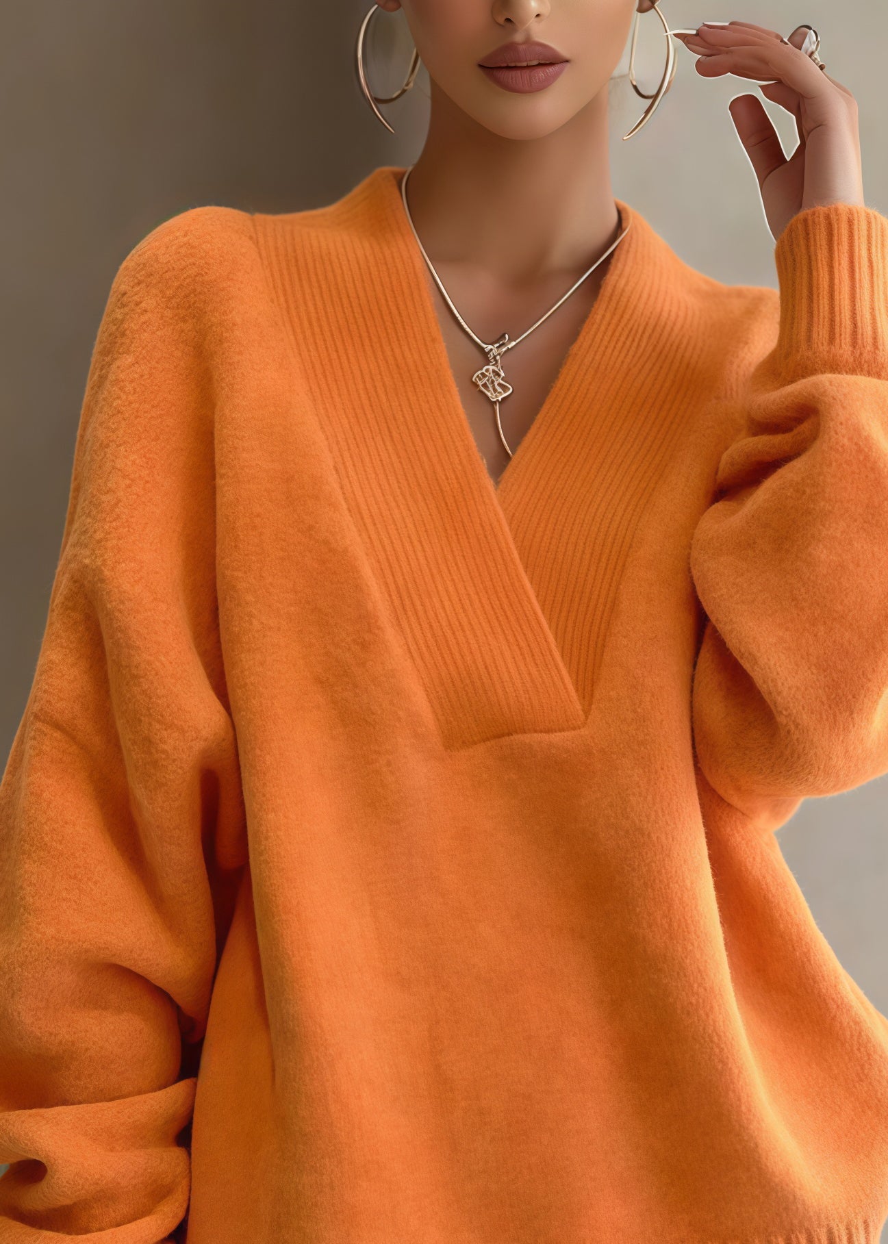 Orange Oversized Warm Knit Sweaters and Shorts Two Piece Set Winter