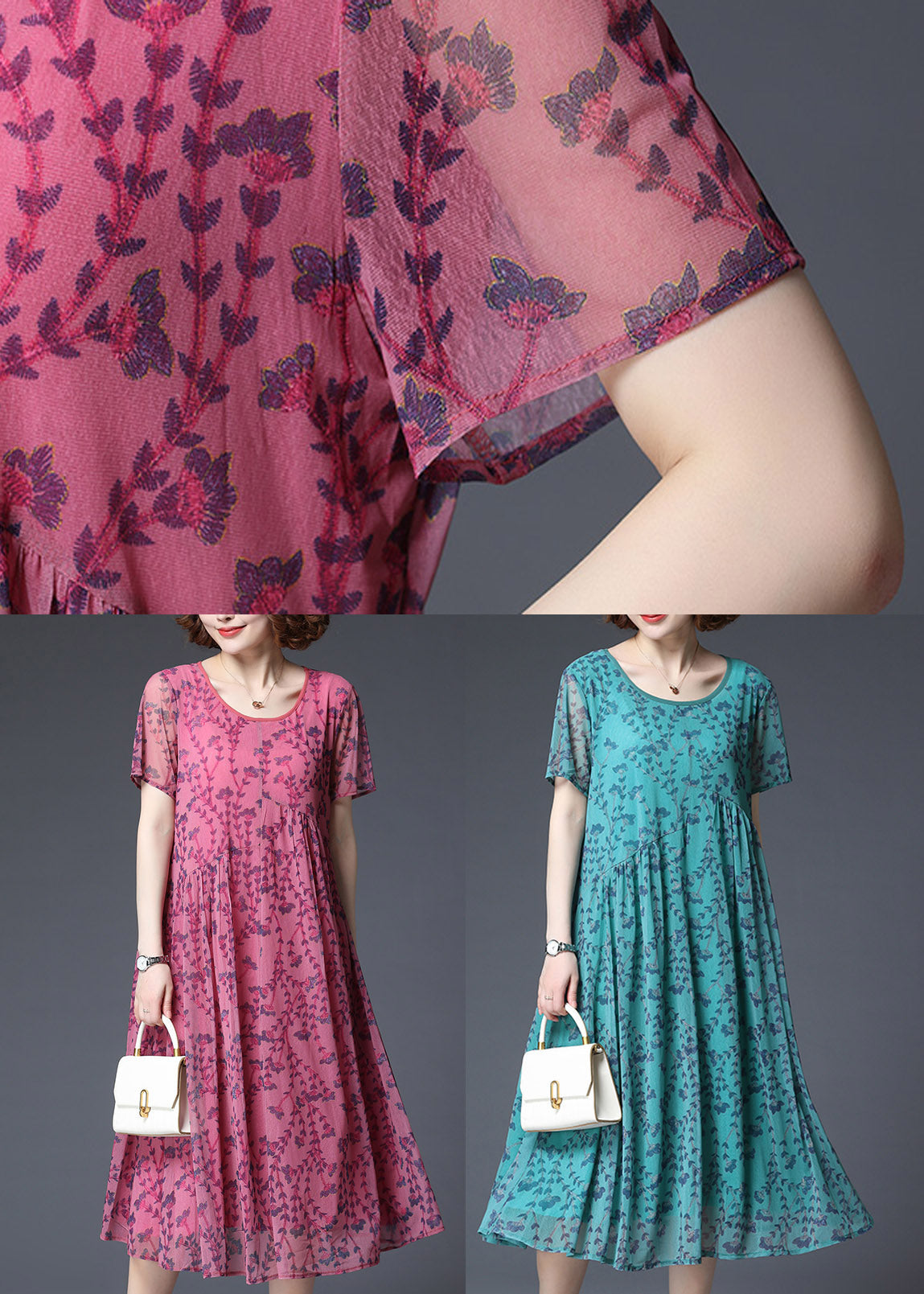 Rose Wrinkled Chiffon Vacation Dress Short Sleeve