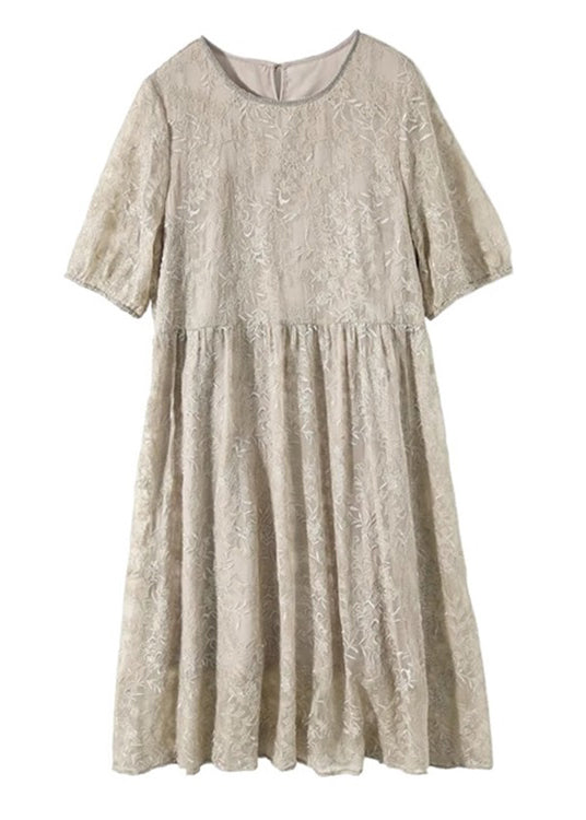 Grey Embroideried Wrinkled Patchwork Lace Dresses Summer