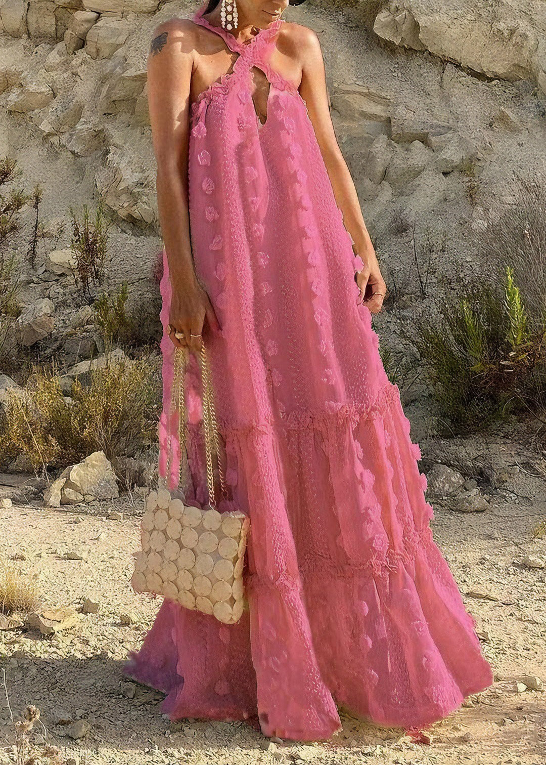 Natural White Ruffled Patchwork Cotton Long Dresses Summer