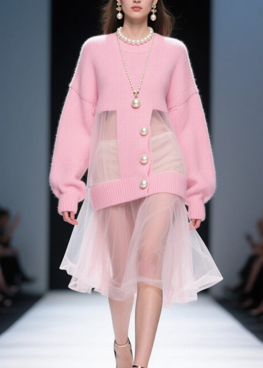 Pink O Neck Tulle Patchwork Knit Sweater Dress Fall