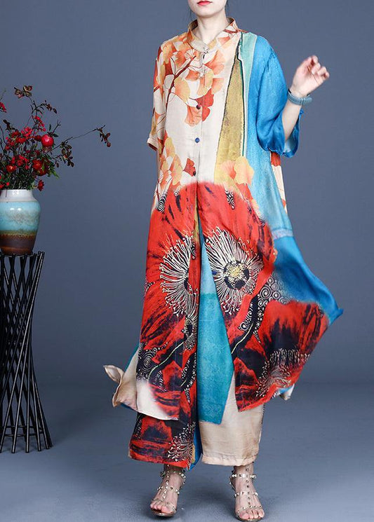 Fine Blue Print Stand Silk Two Piece Outfit Summer