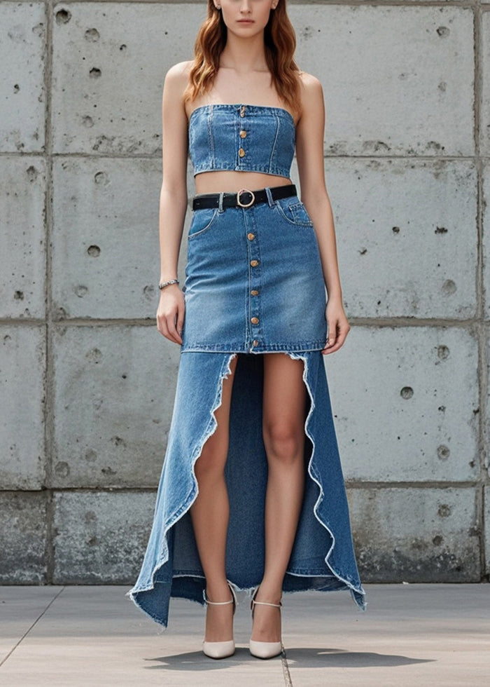 Blue Low High Design Patchwork Denim Skirts Fall