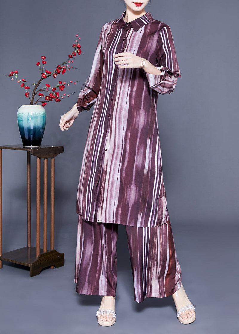 Brown Peter Pan Collar Tie Dye Silk Long Shirt and Straight Pants Two Pieces Set Spring