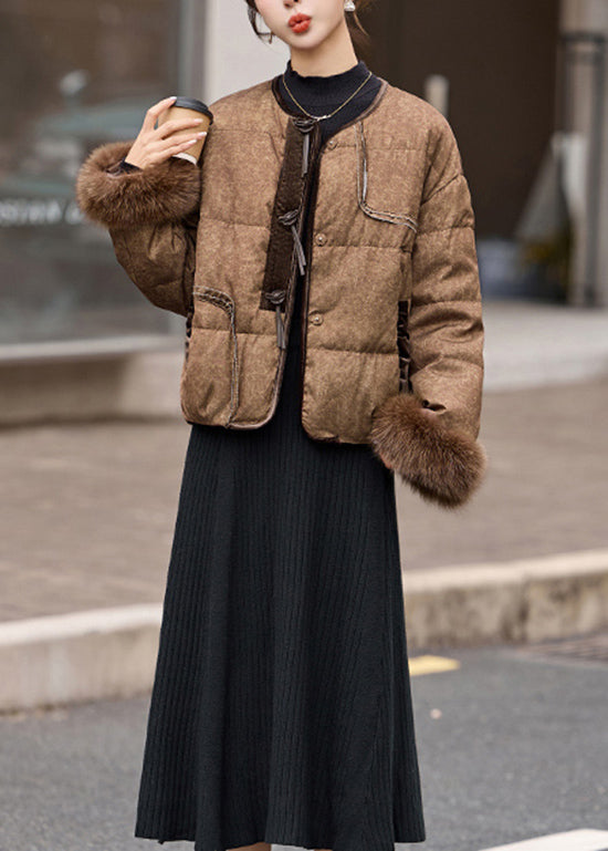 New Coffee Fur Patchwork Duck Down Short Coat Winter