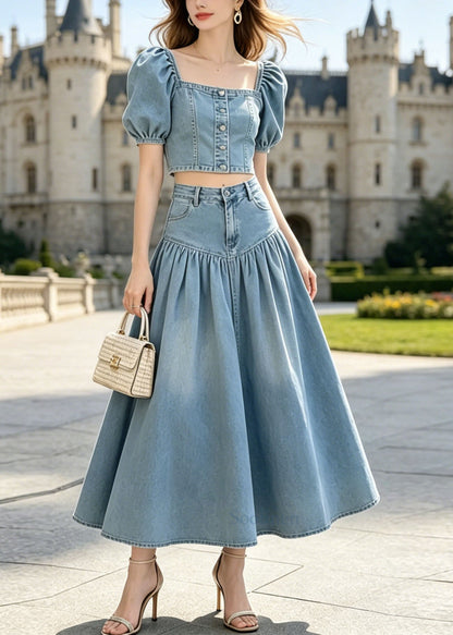 French Blue Puff Sleeve Wrinkled Patchwork Denim Two Piece Set Outfits