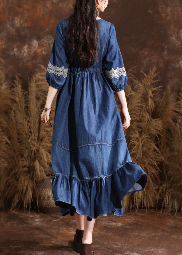 Organic Navy O-neck Wrinkled Elastic Waist Long Denim Dresses Bracelet Sleeve