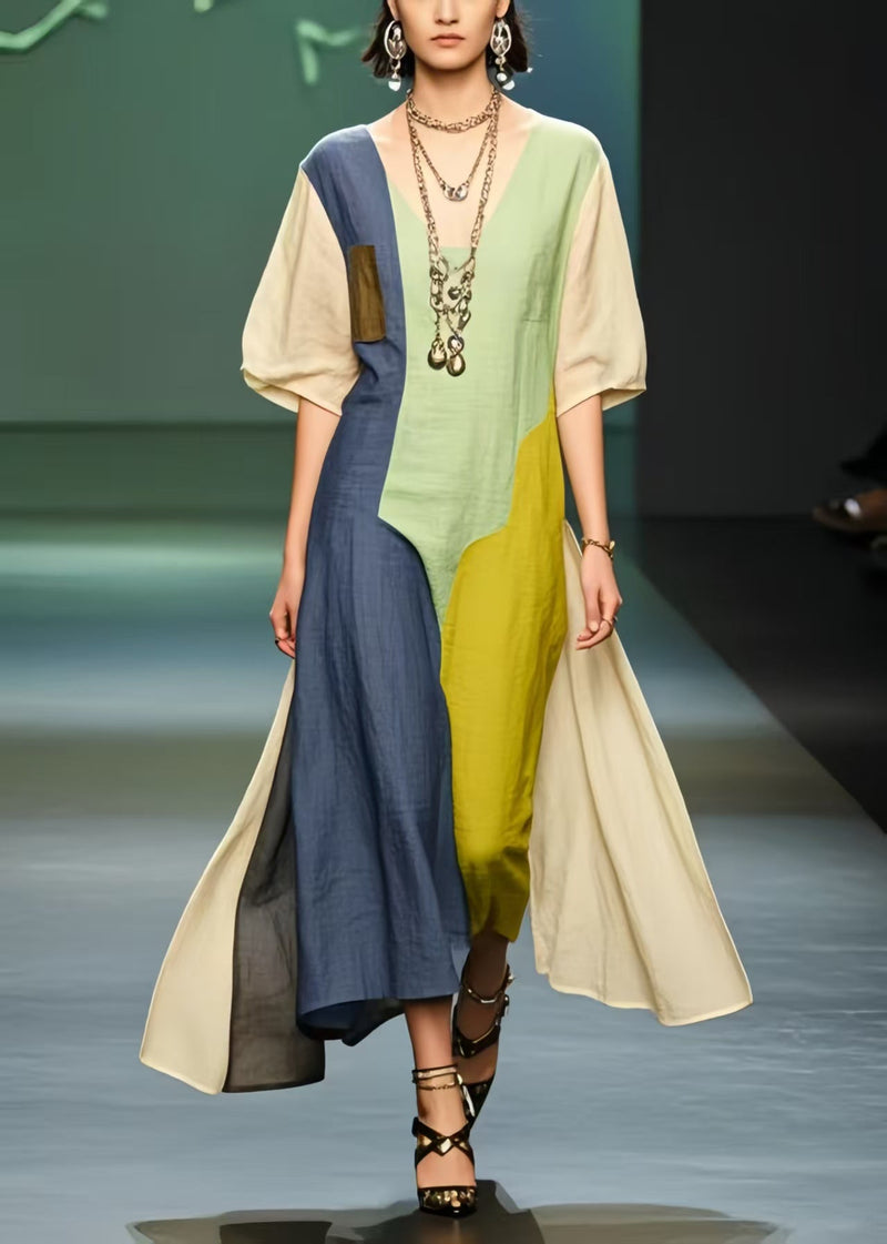Polychrome Asymmetrical Patchwork Cotton Ankle Dress Summer