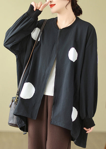 Black Dot Zip Up Drawstring Cotton Coat Long Sleeve