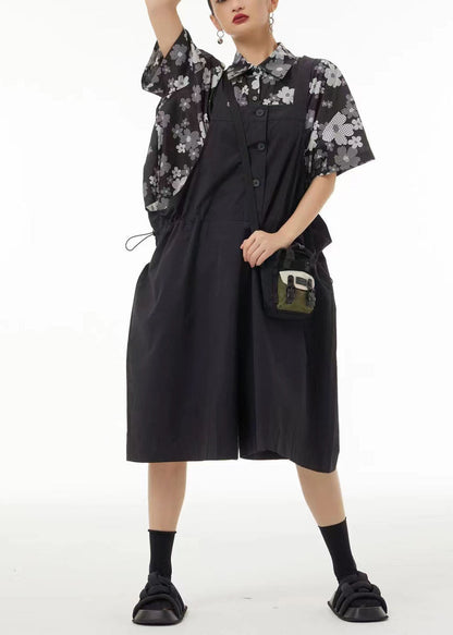 Black Oversized Drawstring Cotton Overalls Jumpsuit Jumpsuits Summer