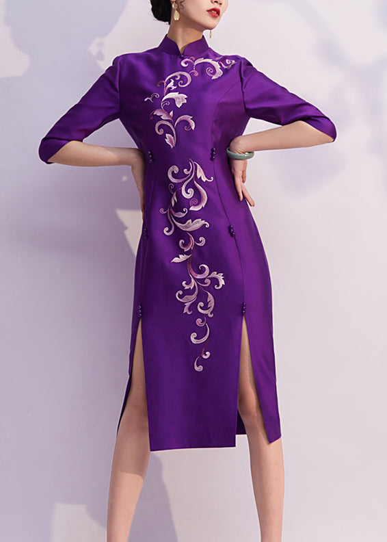 Chinese Style Purple Embroideried Side Open Silk Dresses Half Sleeve