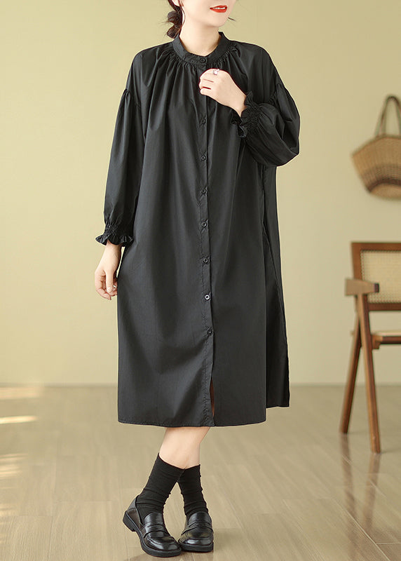 Black Stand Collar Button Patchwork Cotton Shirts Dress Lantern Sleeve