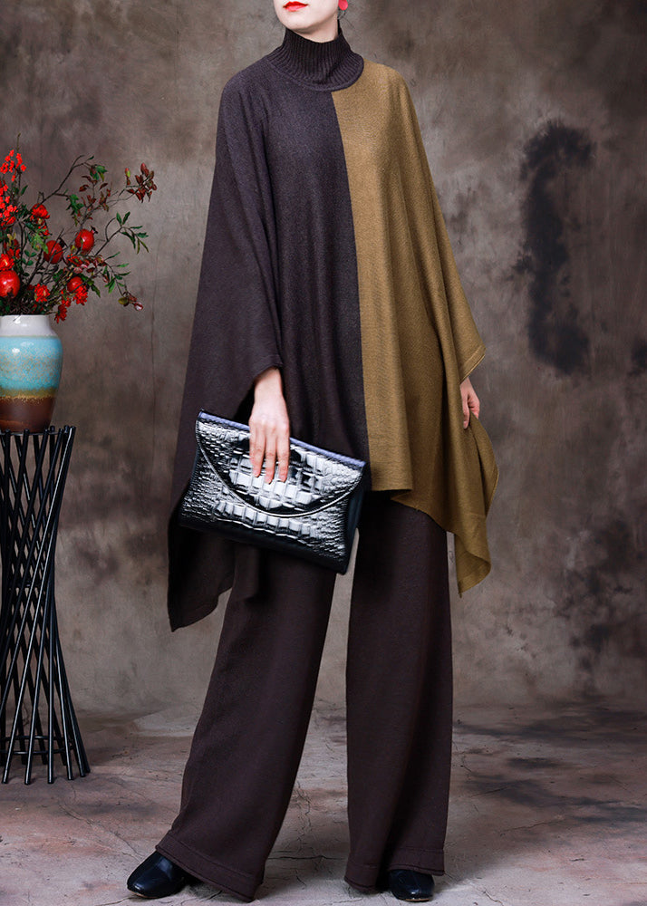 Diy Chocolate Turtleneck Asymmetrical Patchwork Knit Sweaters and Wide Leg Pants Two Pieces Set Fall