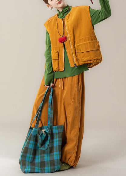 Yellow Zip Up Pockets Corduroy Sets 3 Pieces Winter