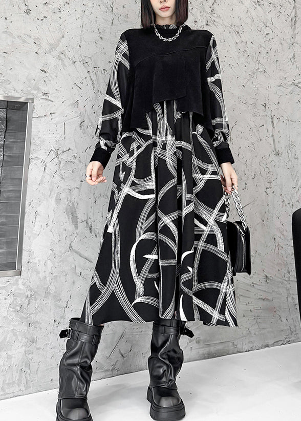 Black False Two Pieces Patchwork Cotton Dresses Fall