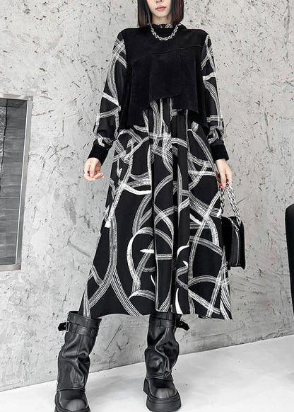 Black False Two Pieces Patchwork Cotton Dresses Fall