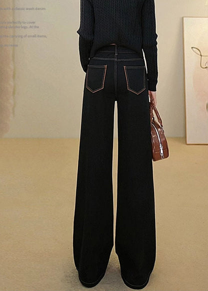 Simple Black Oversized Patchwork Denim Wide Leg Pants Fall