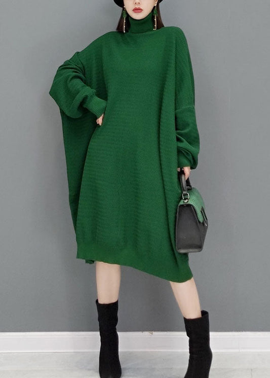 Green Turtle Neck Knit Sweater Dresses Batwing Sleeve