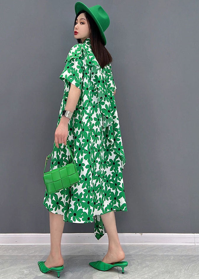 Green Peter Pan Collar Asymmetrical Design Print Cotton Holiday Dress Short Sleeve