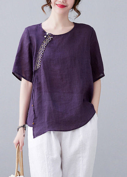 Purple O-neck Patchwork Linen T Shirt Short Sleeve