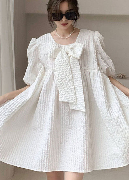 White Ruffled Bow Patchwork Cotton Vacation Dress Spring