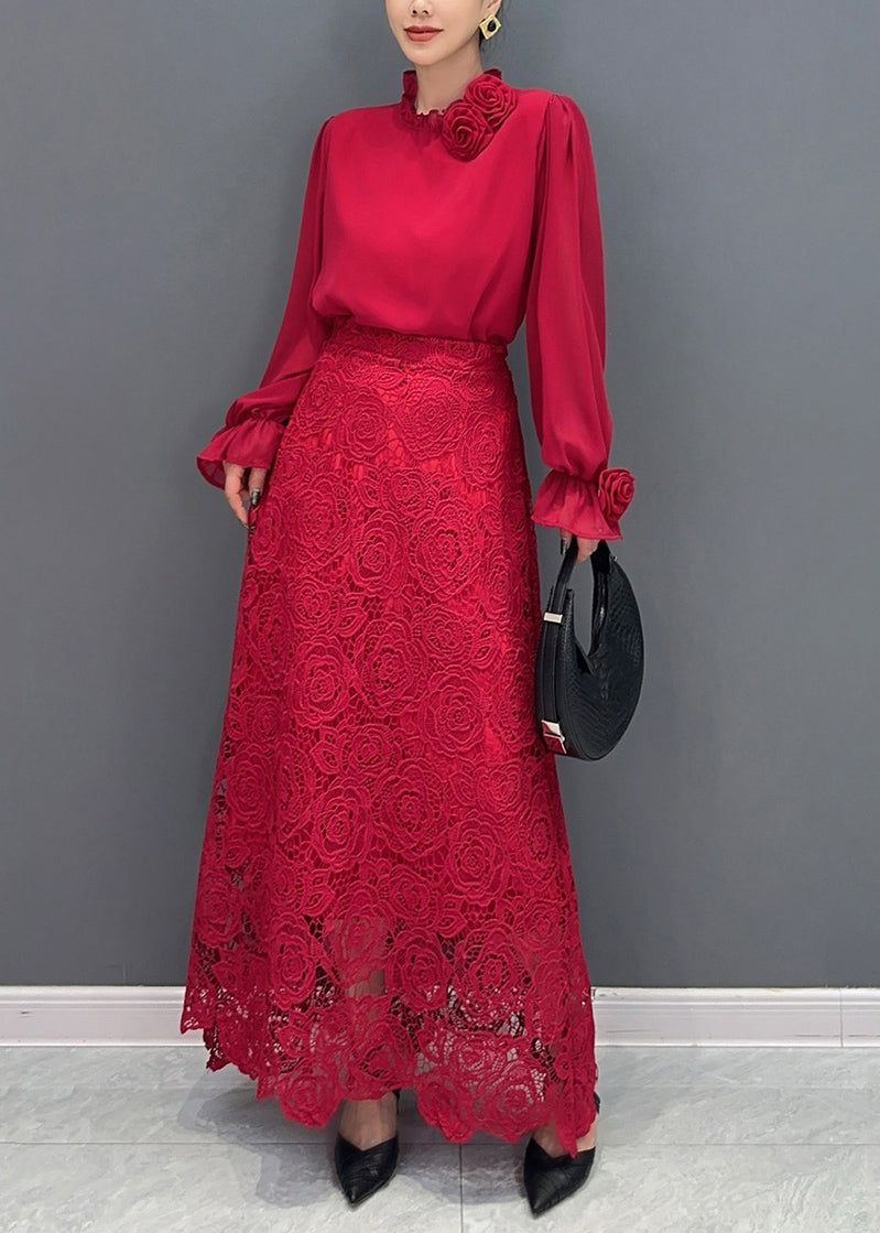 Fine Red Rose Lace Shirts and Maxi Skirts Two Pieces Set Fall