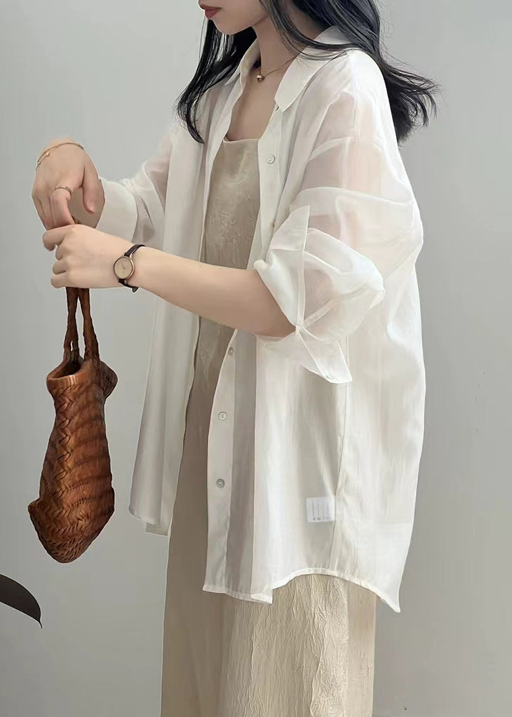New White Lace Up Button Silk Shirt Long Sleeve Fall